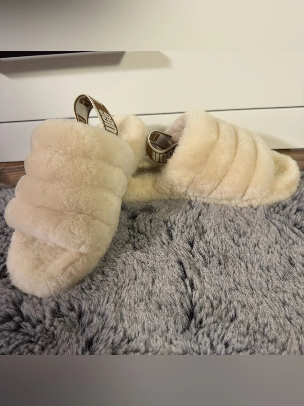 UGG Plush Shearling Slide with Branded Elastic Strap - Cream